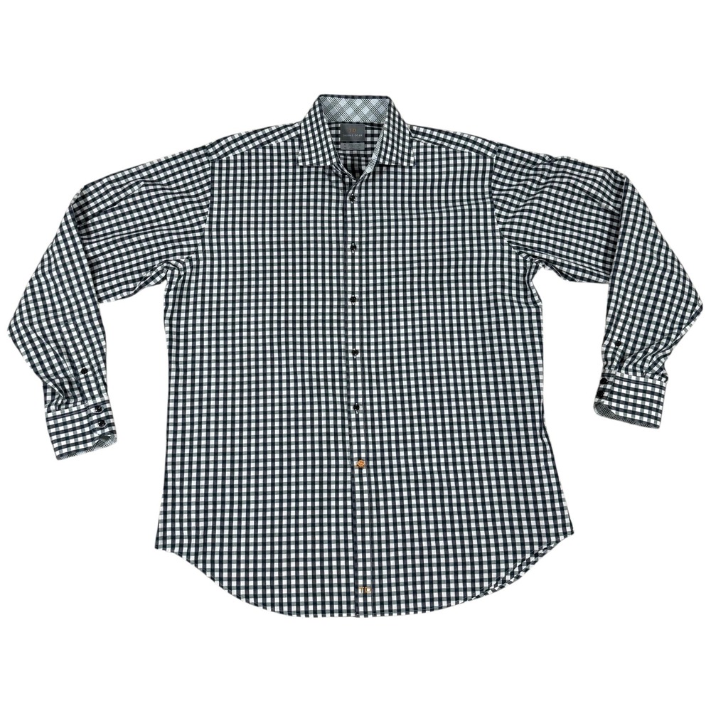 Thomas Dean Men's XL Check Dress Shirt Black White Plaid Long Sleeve Cotton - Picture 2 of 10